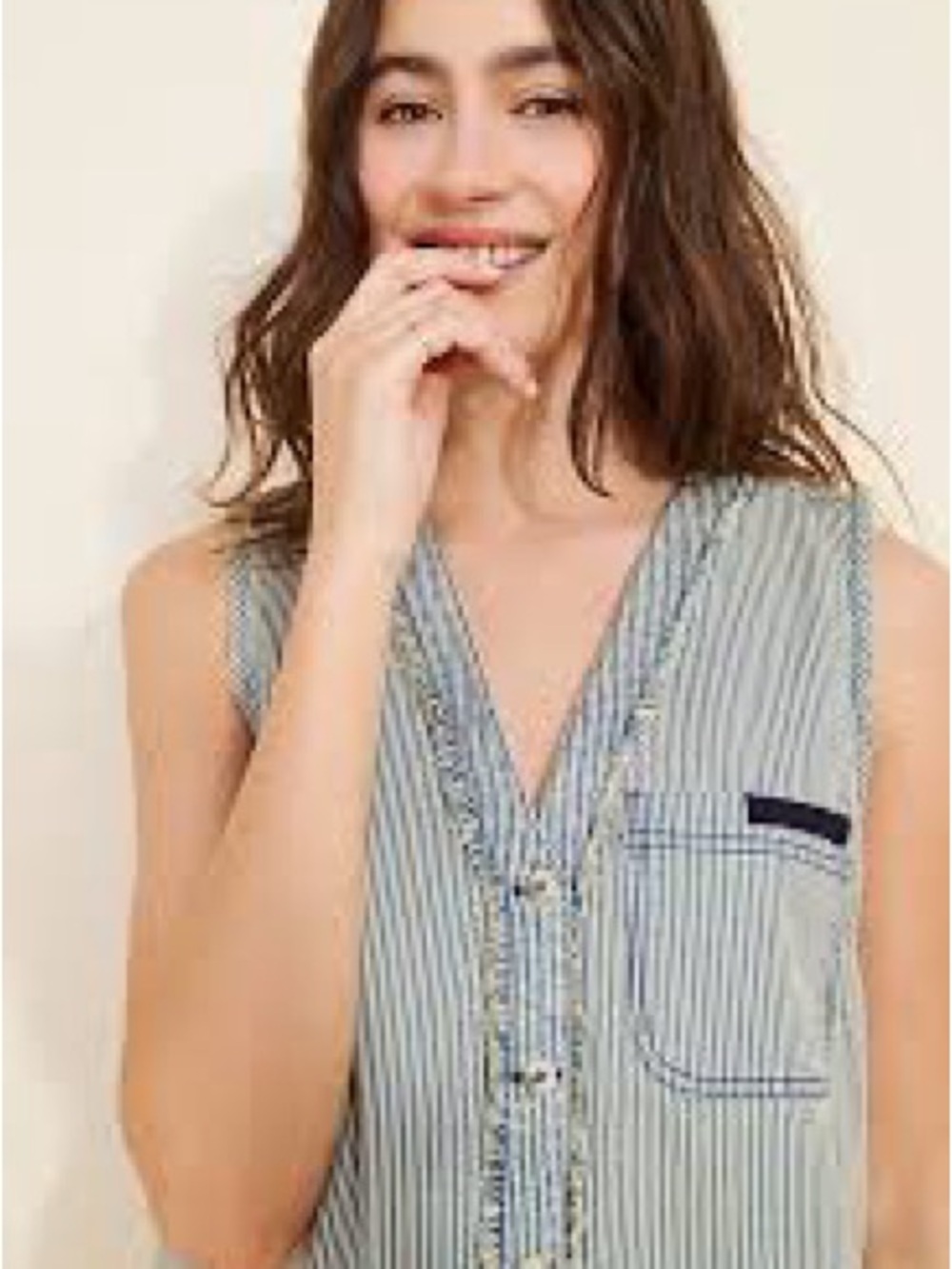 Amazon Blue and White Striped Sleeveless Button-Down Top